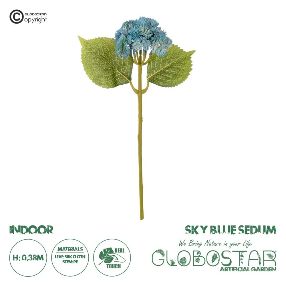 GloboStar® Artificial Garden SKY BLUE SEDUM BRANCH 21343 Τεχνητό Διακοσμητικό Κλαδί Γαλάζιο Σέδο Y38cm